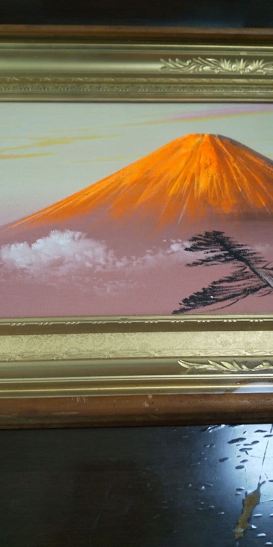 【風景画/富士山】赤富士　油絵　油彩画　立体画　インテリア　額装　額縁　置物