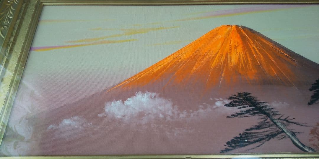 【風景画/富士山】赤富士　油絵　油彩画　立体画　インテリア　額装　額縁　置物