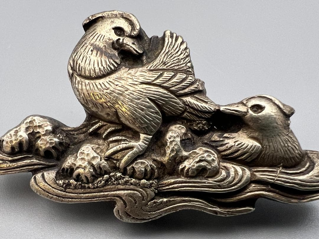 江戸明治金工　鴛鴦（おしどり） 雌雄　手彫　大目貫　大金具　骨董品