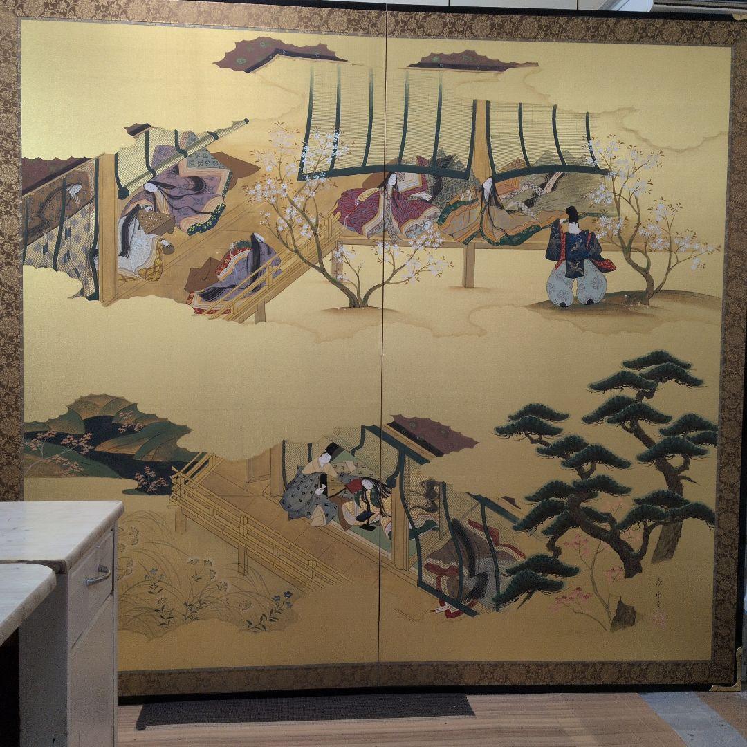 源氏物語の屏風絵。岡田泰水作。良品。