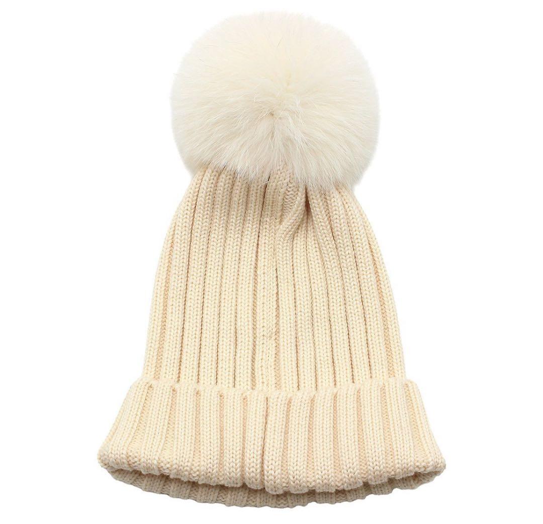 R2345 未使用!! モンクレール ファー ニット帽 アイボリー