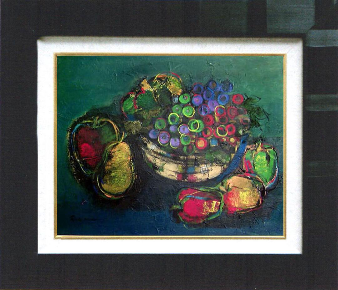 油絵 絵 絵画インテリア 額付(青緑＋金色の枠) uF6-061304 静物果物