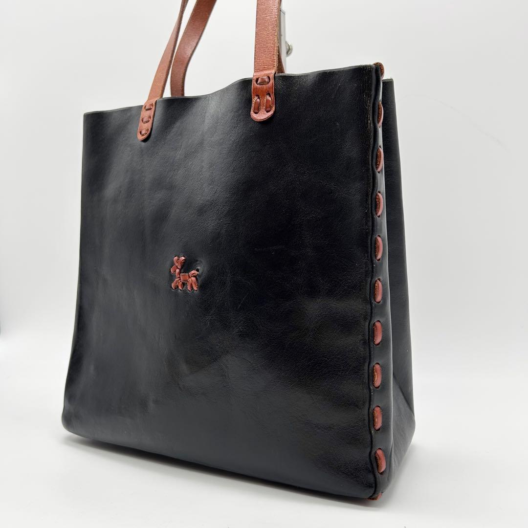 美品 アンリークイール Henry Cuir ハンドバッグ　犬 刺繍 黒