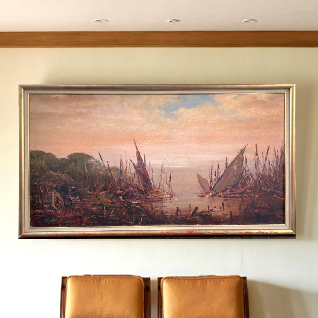 スジョノ・アブドゥラ 『漁船』1977年油彩画 136×72cm 直筆署名額付