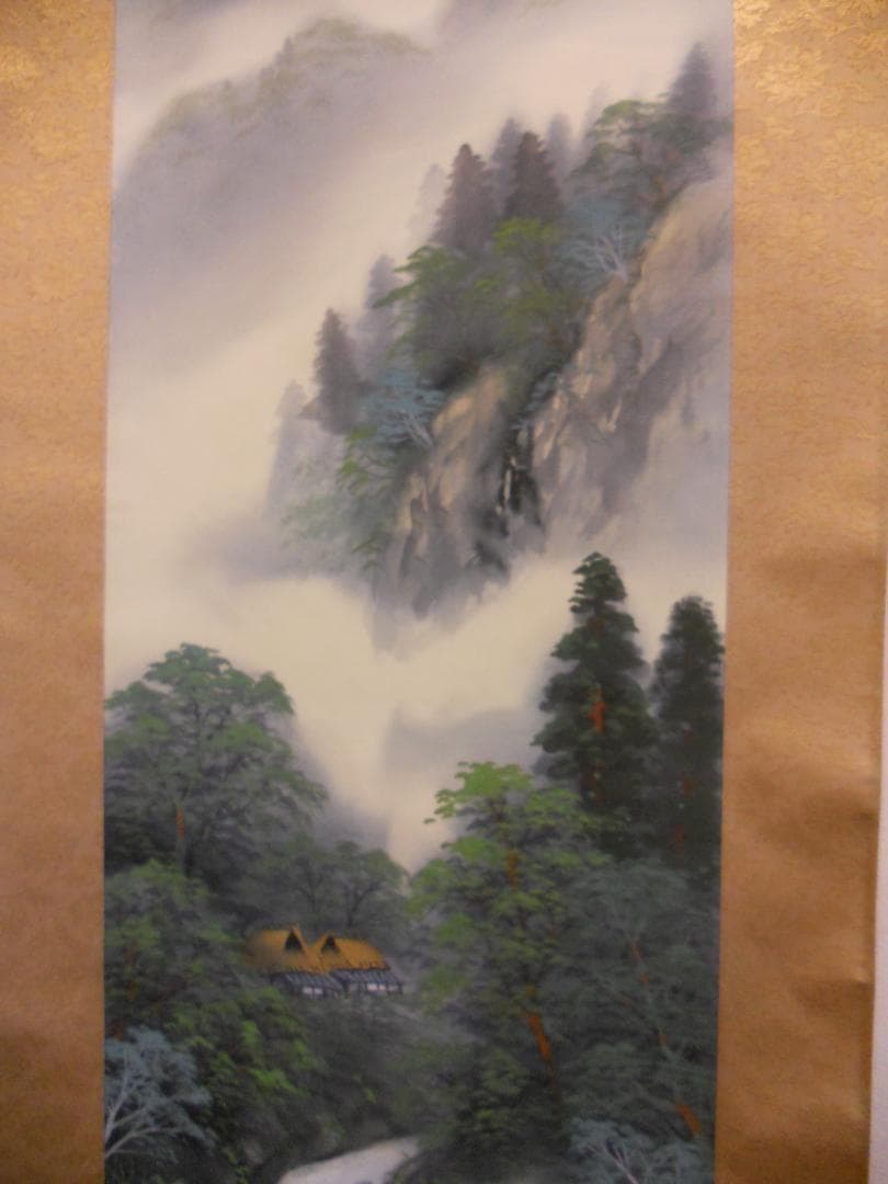 掛け軸 箕輪春秋 淡彩山水 絹本 希少 軸装 茶道具 掛軸 美品 です。