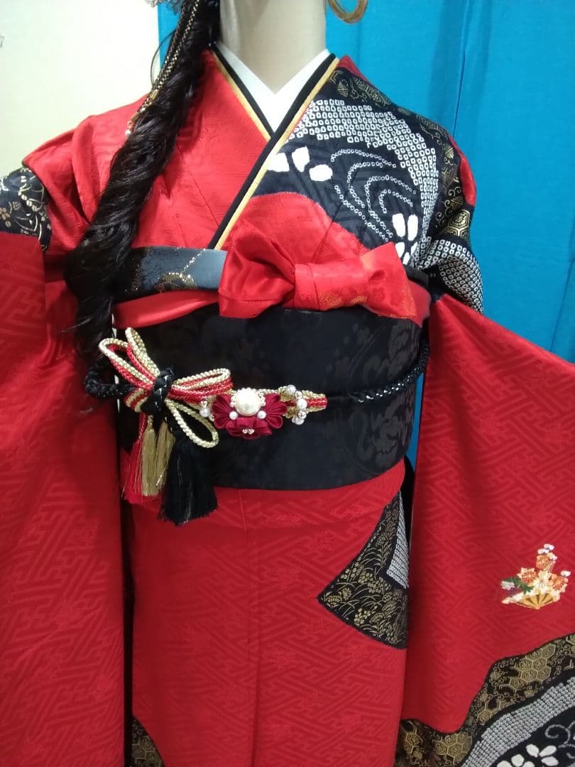 振袖フルセット、正絹絞り成人式、重ね衿帯揚げ帯締め、京うるし箔袋帯、襦袢