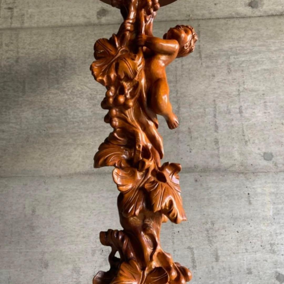 飾り台 花台 スタンド テーブル 大型 木製 木彫り 彫刻 天使 リーフ レトロ