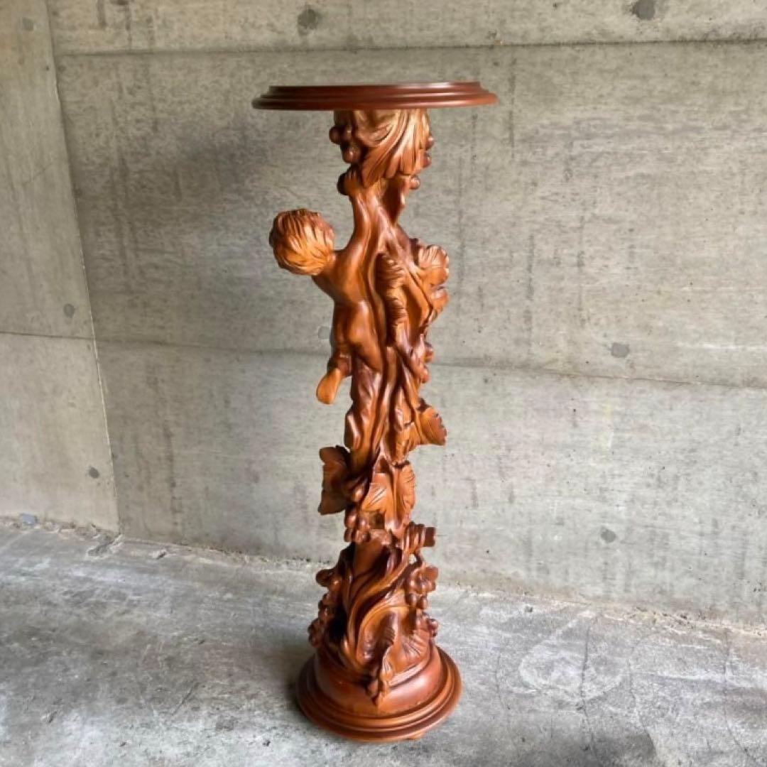 飾り台 花台 スタンド テーブル 大型 木製 木彫り 彫刻 天使 リーフ レトロ