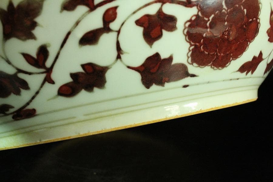 中国美術 釉裏紅 纏枝蓮花鳳紋 折口皿(K-A837)