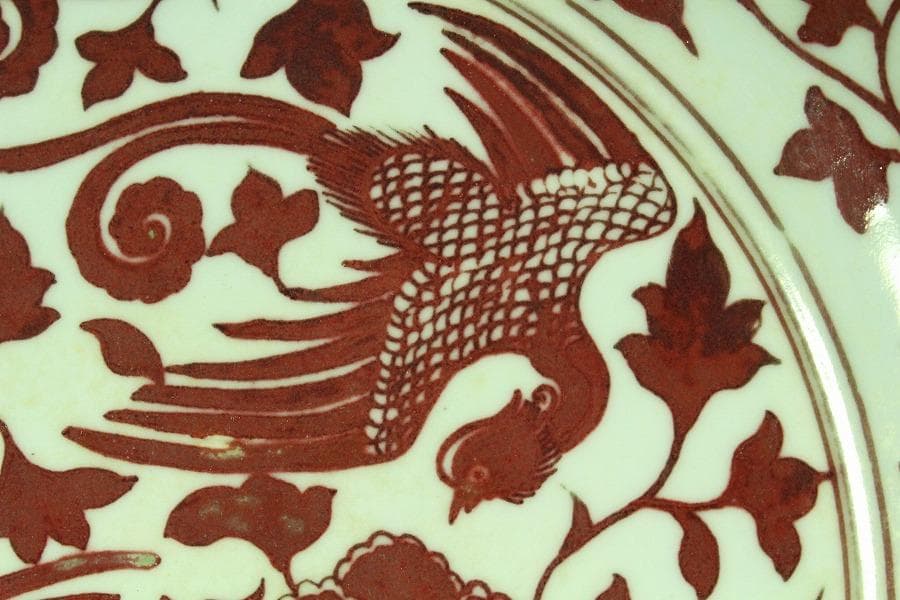 中国美術 釉裏紅 纏枝蓮花鳳紋 折口皿(K-A837)