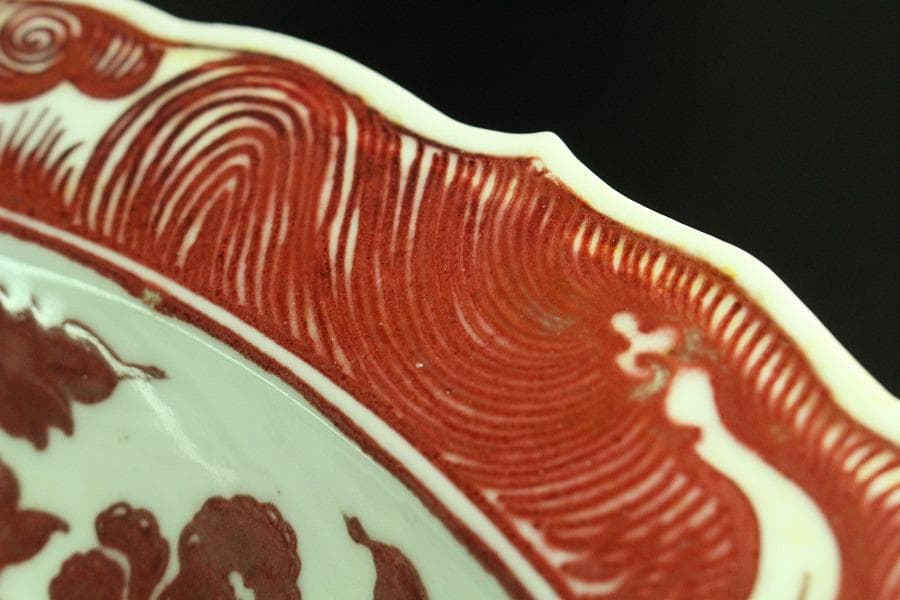 中国美術 釉裏紅 纏枝蓮花鳳紋 折口皿(K-A837)