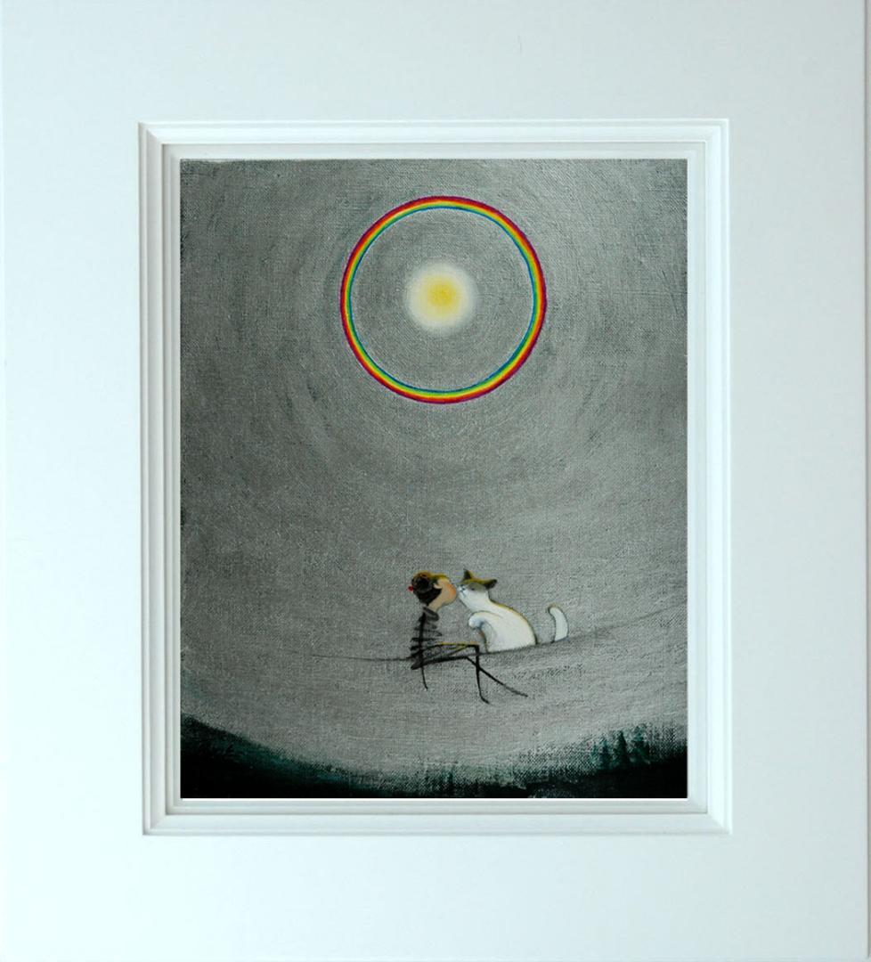 油絵 菅家令子絵 絵画インテリア額付(青緑＋金色の枠)F3-031019猫女の子