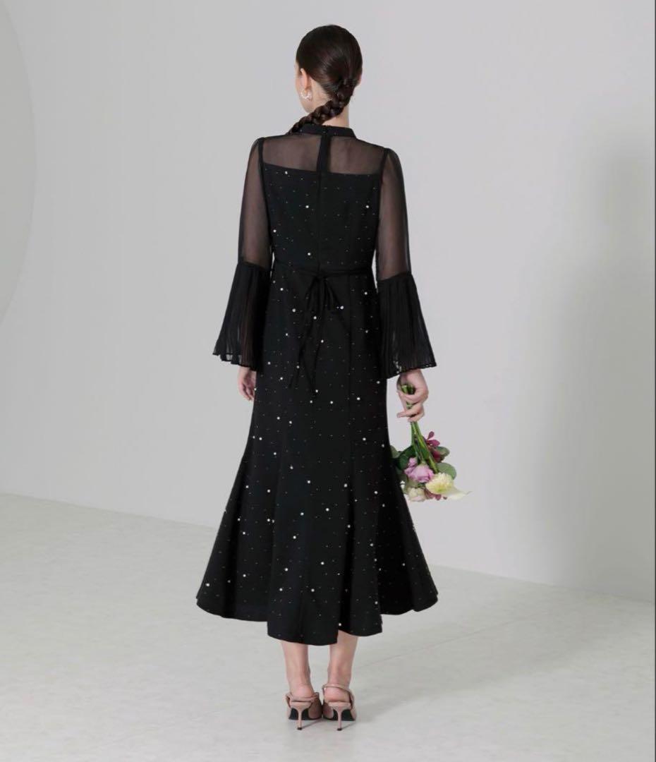 LEJA パールビジュー付き透け感プリーツフレアスリーブビーズマーメイドドレス