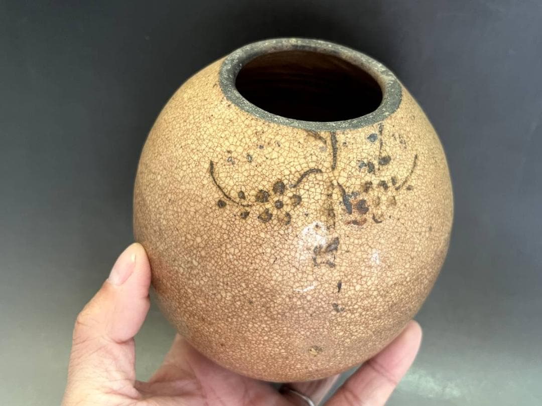 壷■古萩貫入花唐草紋丸壺（江戸期）時代物 古い花瓶 花器 古美術 骨董品■