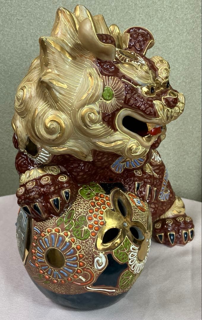 唐獅子 九谷焼 置物 魔除け 狛犬 玉獅子 縁起物 特大　刻印あり 外箱あり