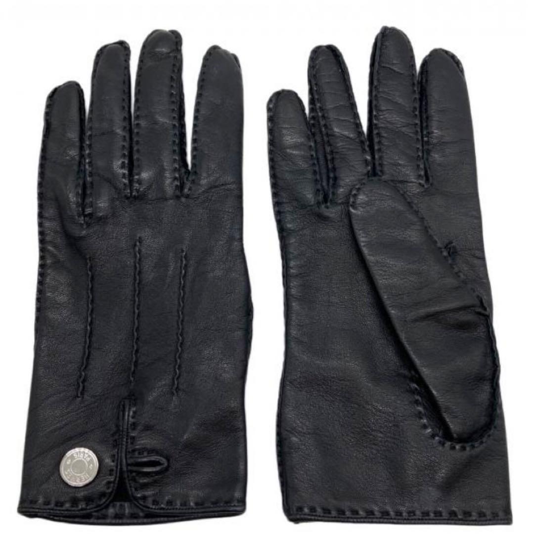 極美品HERMES ラムレザー シルバーセリエボタングローブ フランス製 メンズ