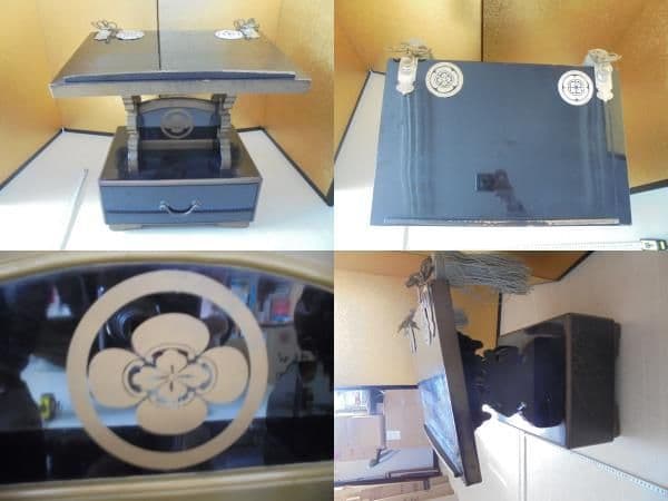 AKa6660　時代　蒔絵　見台　丸に木瓜家紋入　時代箱付