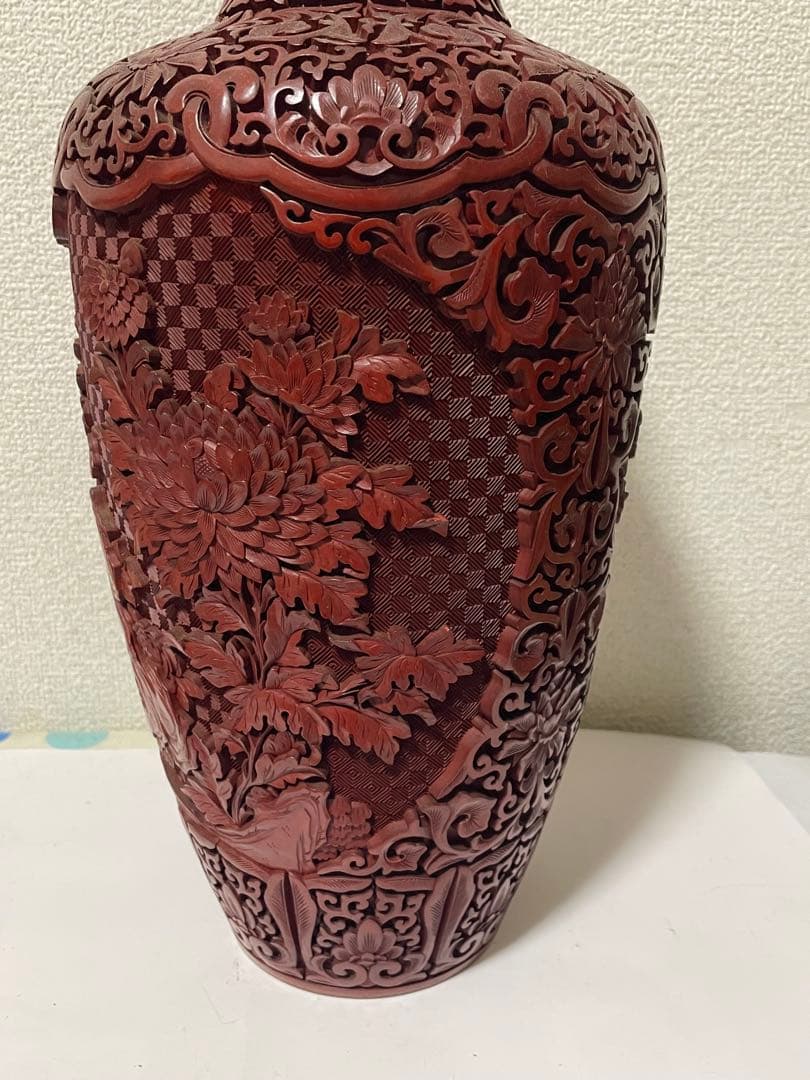 中国美術　堆朱　剔紅花瓶　美品アンティーク　高さ約39㎝