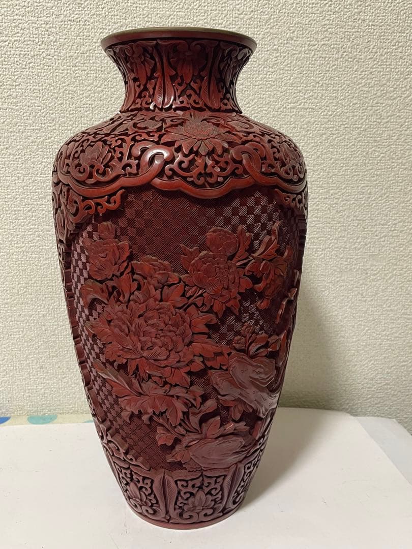 中国美術　堆朱　剔紅花瓶　美品アンティーク　高さ約39㎝