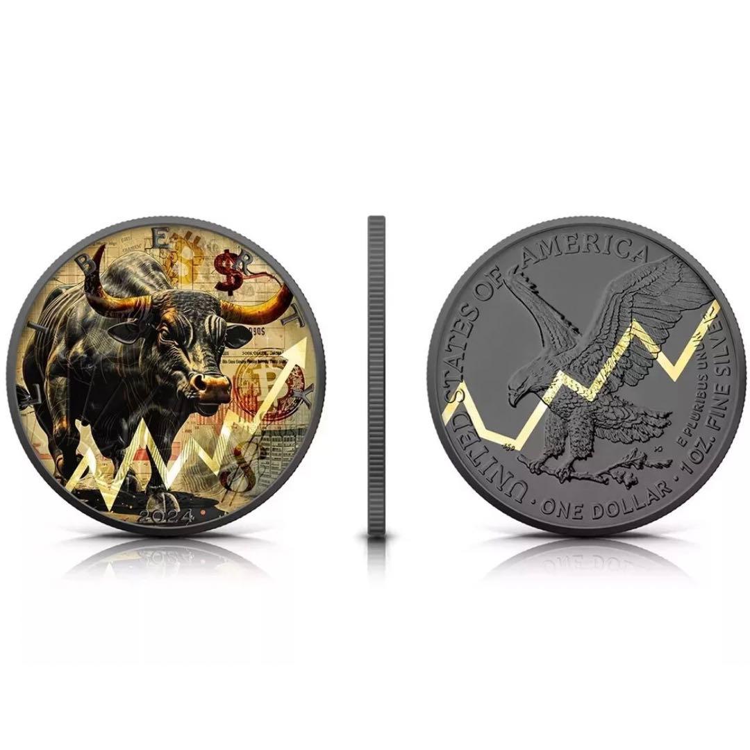 世界500枚限定 イーグル 銀貨 カラー + アンティーク仕上げ ブル 1オンス