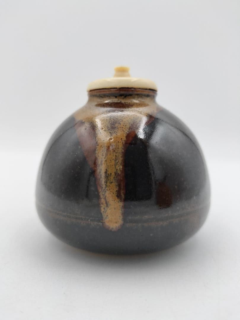 a979 膳所 茄子茶入 久田尋牛斎宗匠箱書 淡海陽炎園 小牡丹唐草金襴 木箱