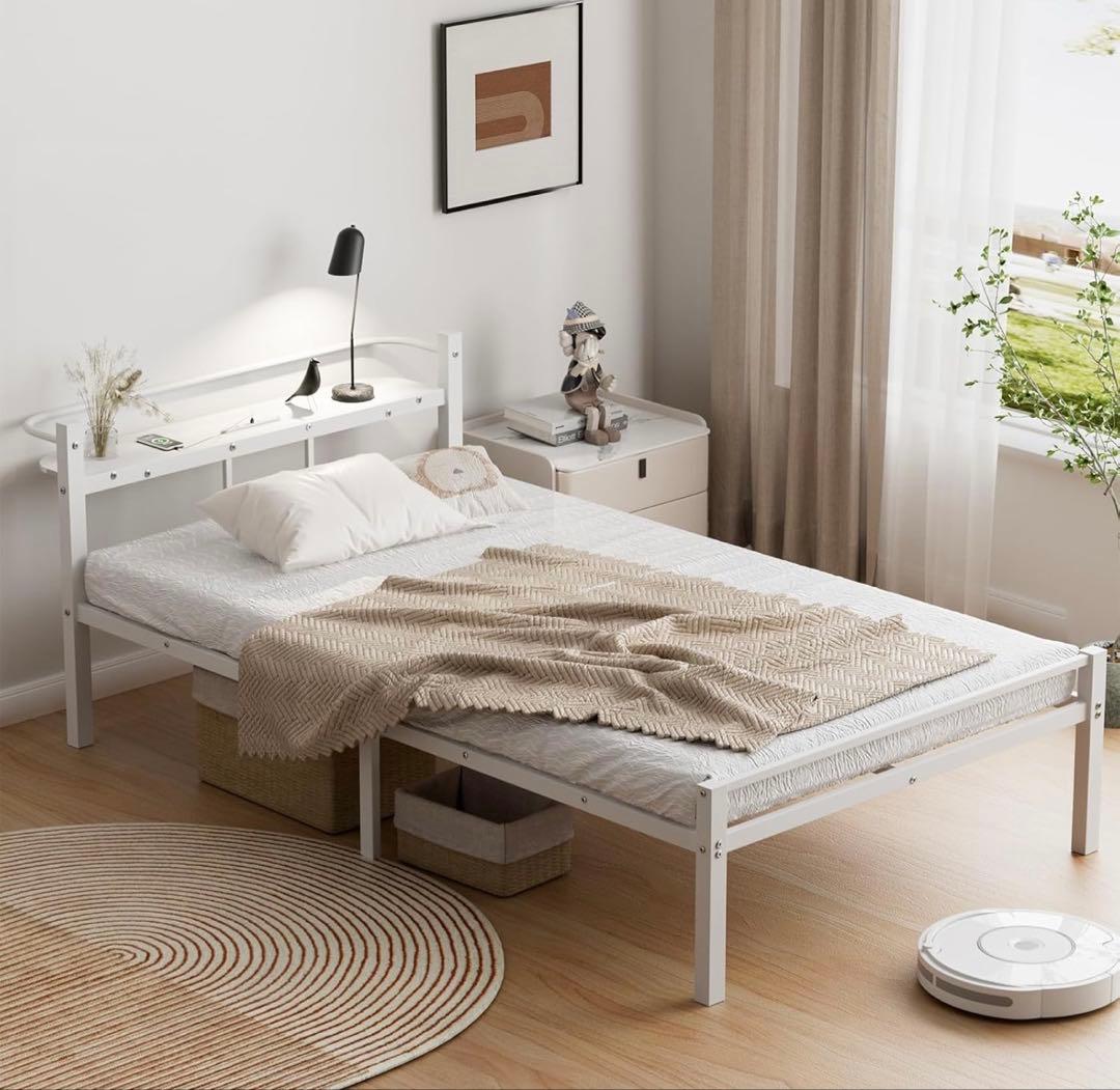 ベッドフレーム シングル ベッド 宮棚 パイプベッド 耐荷重300kg ホワイト