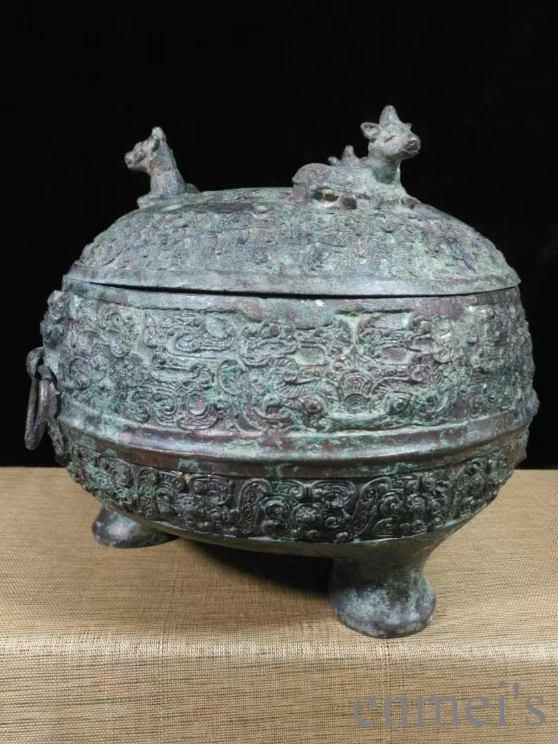 中国古美術 春秋 青銅器 三鹿蟠螭紋 円敦 禮器 食器 耳付造形 古美術 供饌器