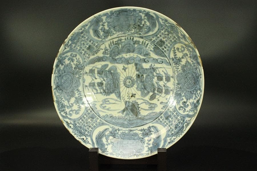 中国美術 青花 呉須 古染付 帆船図 大皿 φ47cm 明 貿易船(LC647)