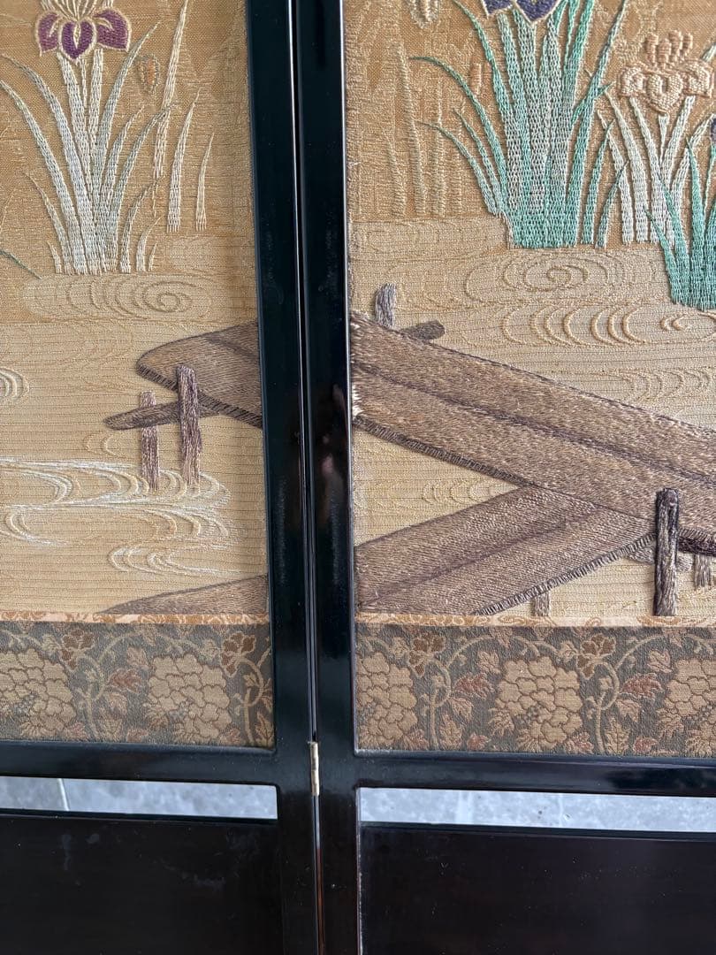 刺繍　屏風間仕切り　パーテーション　菖蒲（あやめ）八つ橋（やつはし）　つばめ