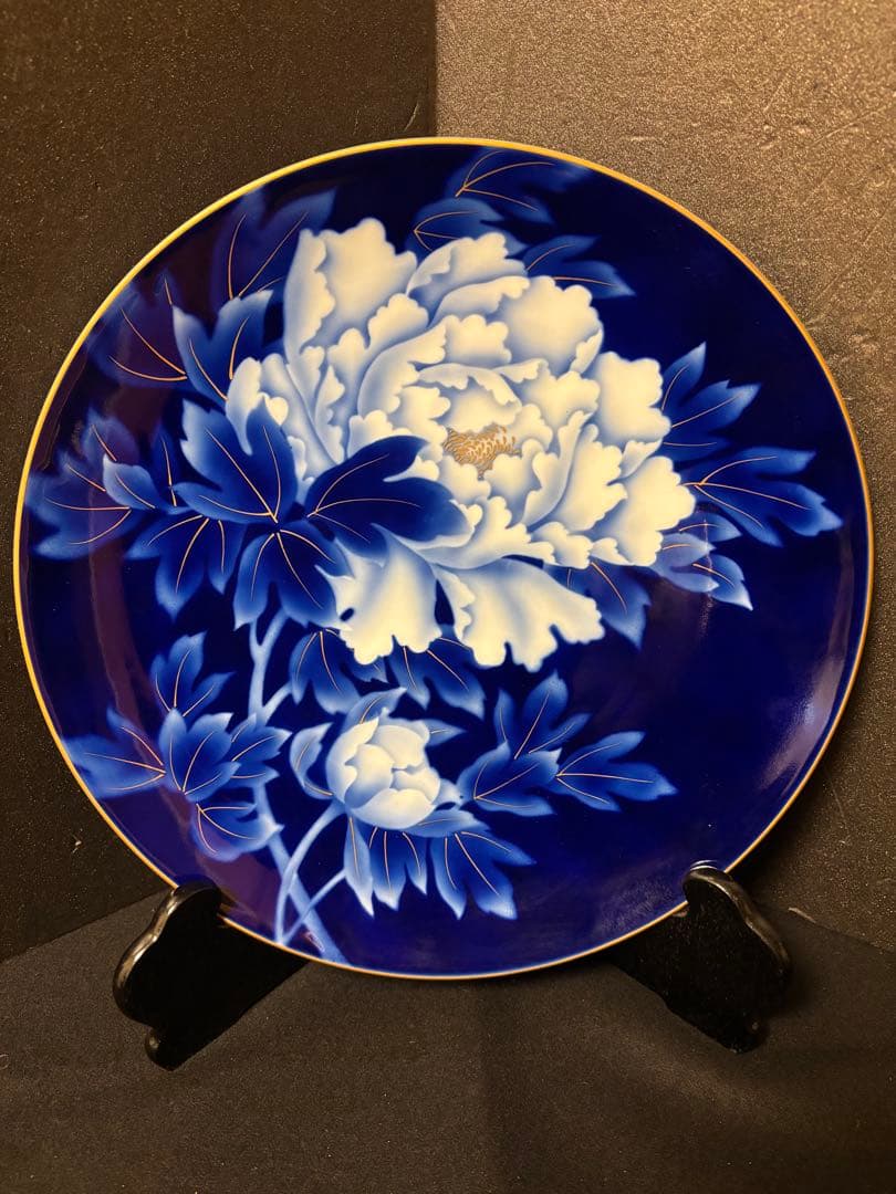 大人気　37.5cm 木箱付き　深川製磁 瑠璃牡丹　大皿 プレート 飾皿　希少