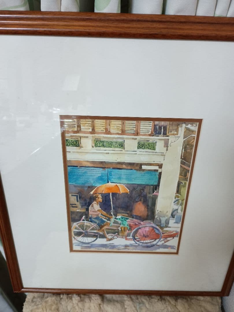 水彩画 自転車とオレンジの傘 約30cm x 40cm