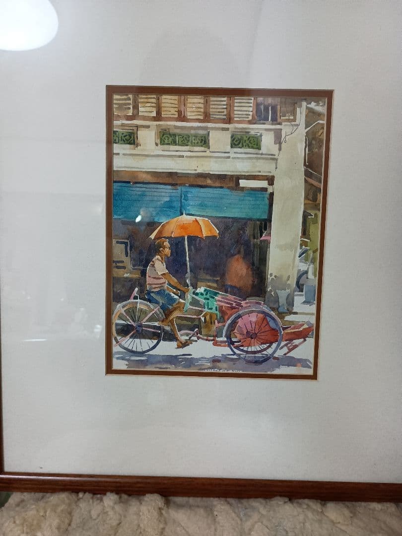 水彩画 自転車とオレンジの傘 約30cm x 40cm