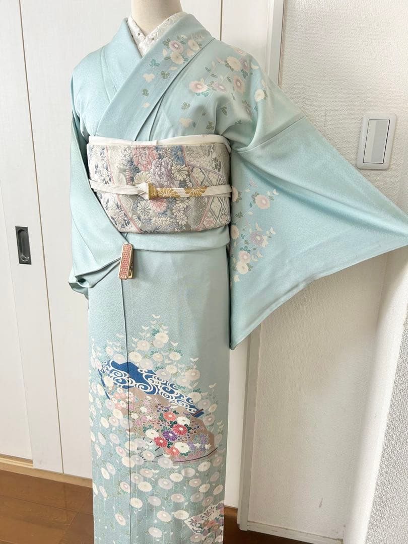 美品　人気の水色　正絹訪問着　フルセット4点　卒業式　入学式　七五三　お宮参り