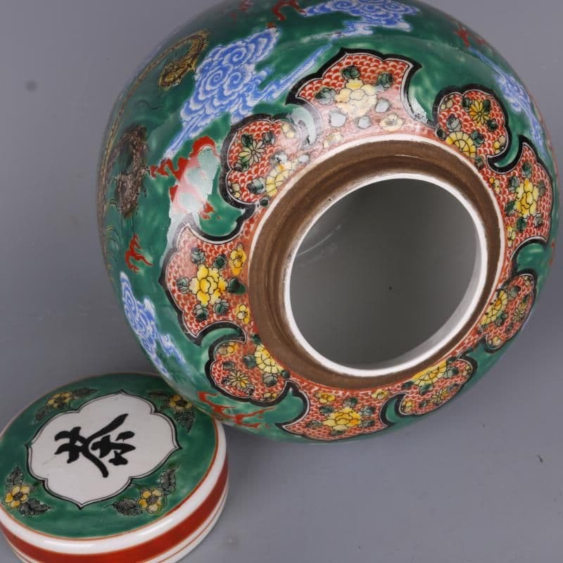 清雍正緑地粉彩龍鳳紋茶蓋缶 景徳鎮 陶磁器 装飾品 現代工芸品 美術品 置物