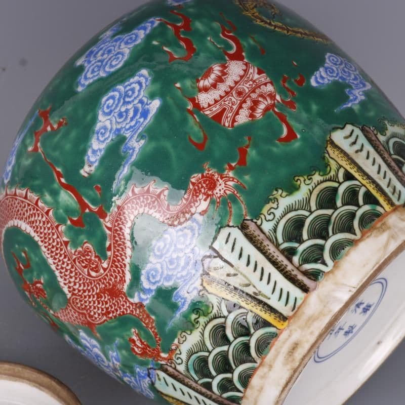 清雍正緑地粉彩龍鳳紋茶蓋缶 景徳鎮 陶磁器 装飾品 現代工芸品 美術品 置物