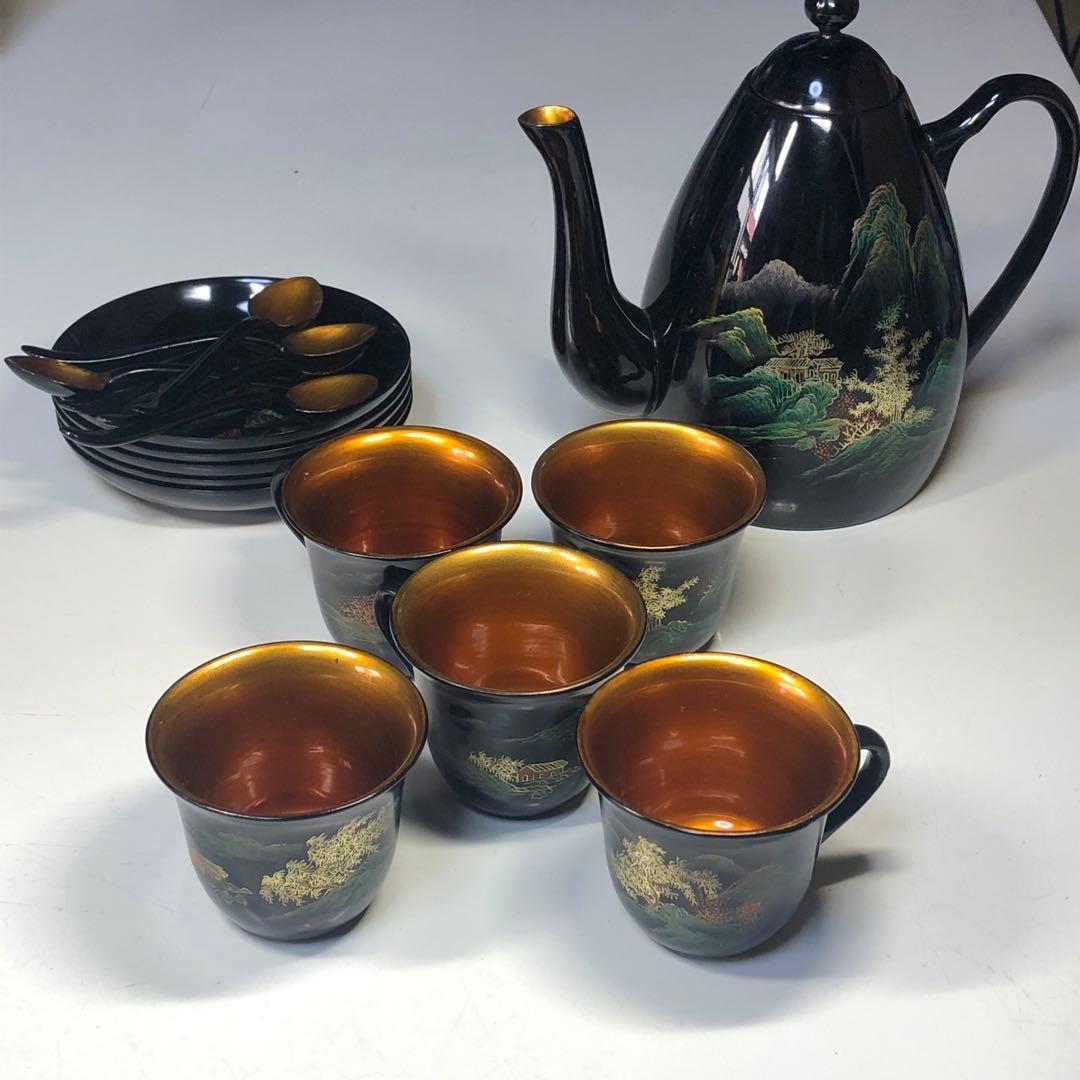 漆器　茶器セット　カップ＆ソーサー　ティーポット