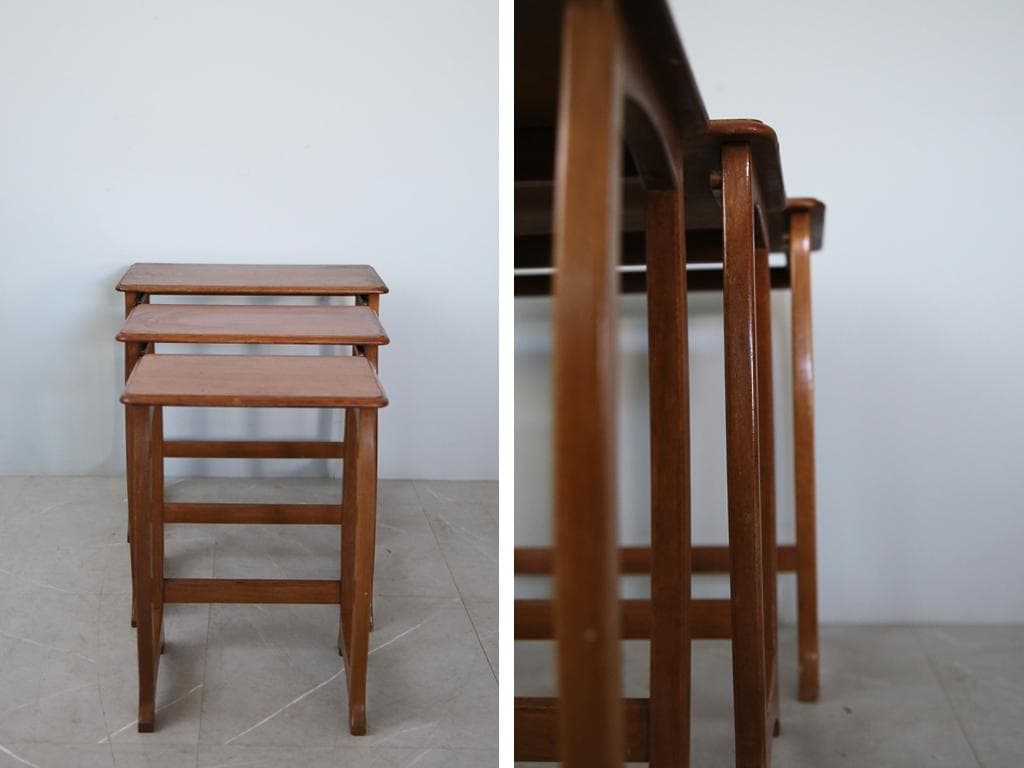 英国アンティーク木製ネストテーブル3台/収納式机/飾り棚/花台(89-199)