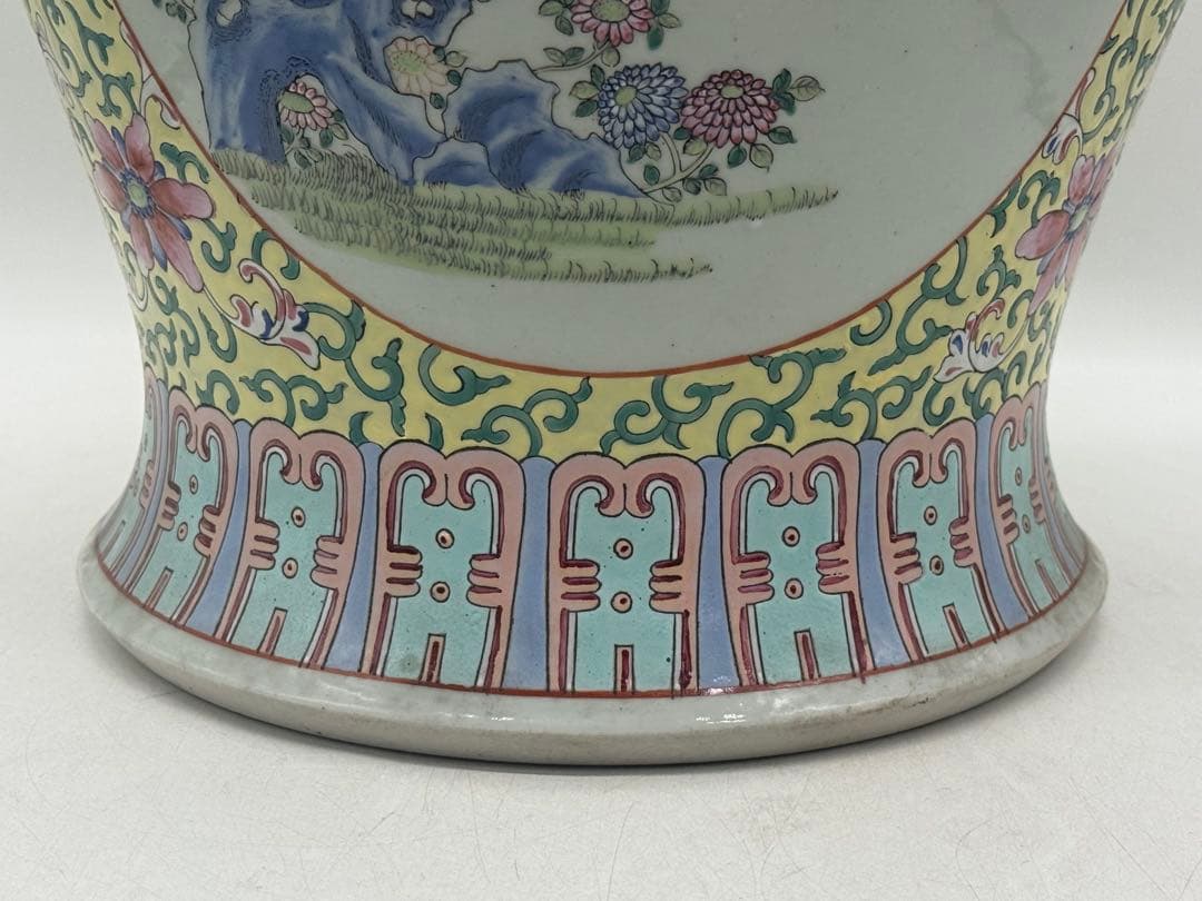 中国　清時代　粉彩　獅子摘み　花鳥紋大壺　送料込み251224