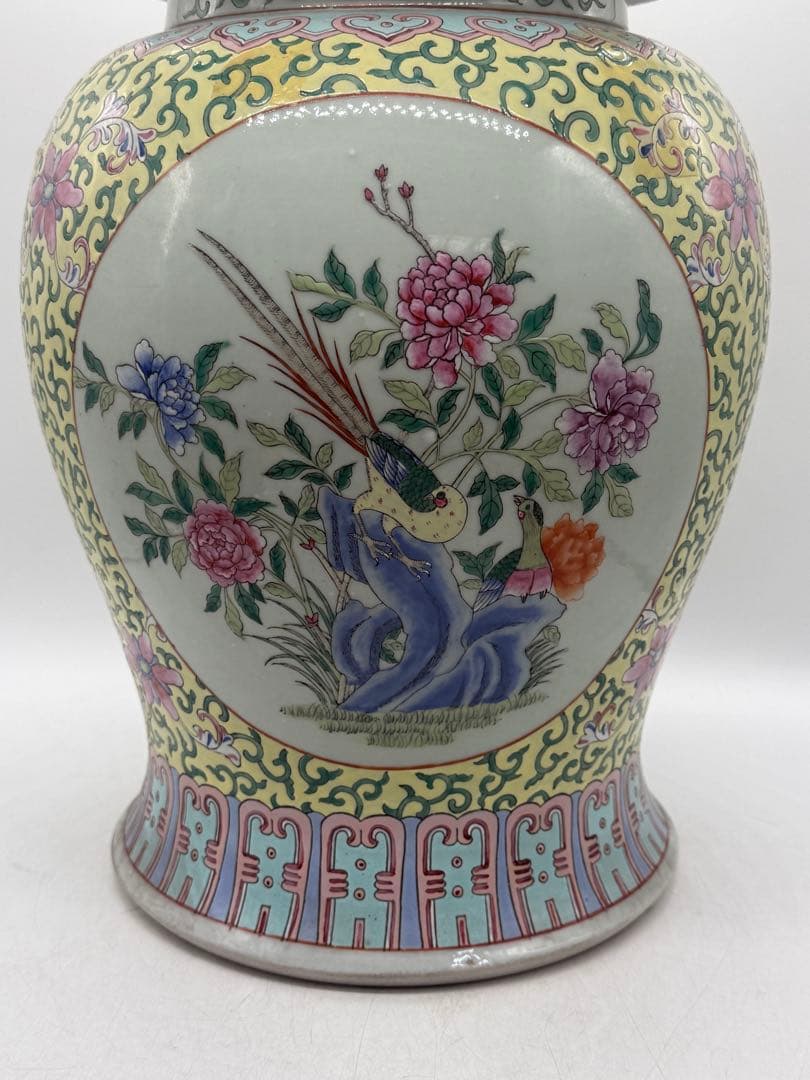 中国　清時代　粉彩　獅子摘み　花鳥紋大壺　送料込み251224