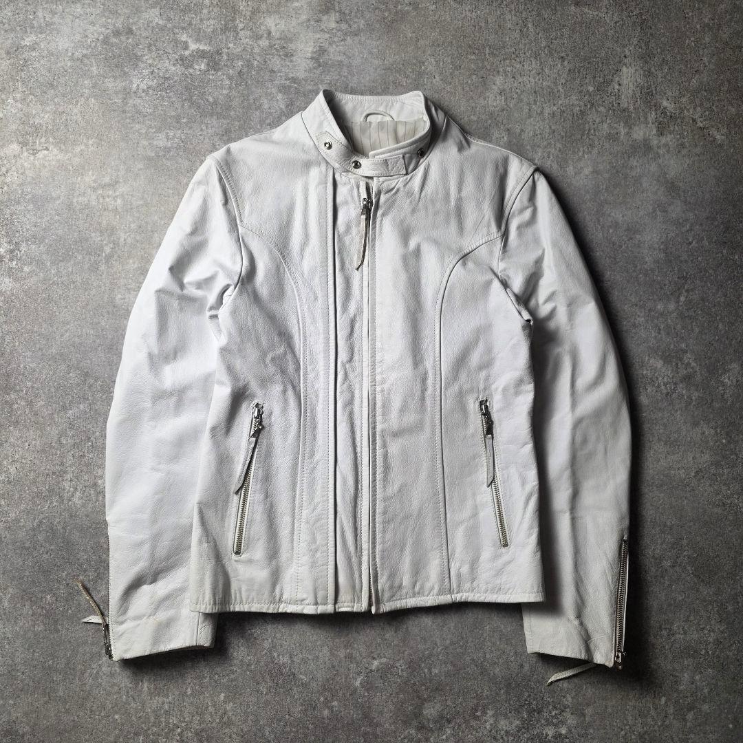 激レアTAKAQシングルライダースレザージャケット牛革短丈ユニセックスホワイトМ