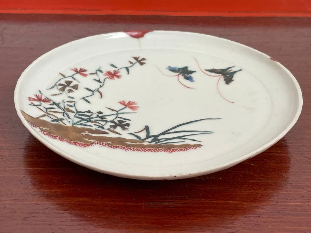 #2 骨董　アンティーク　色絵古九谷　撫子蝶々図　丸皿　五寸皿　角福　古九谷