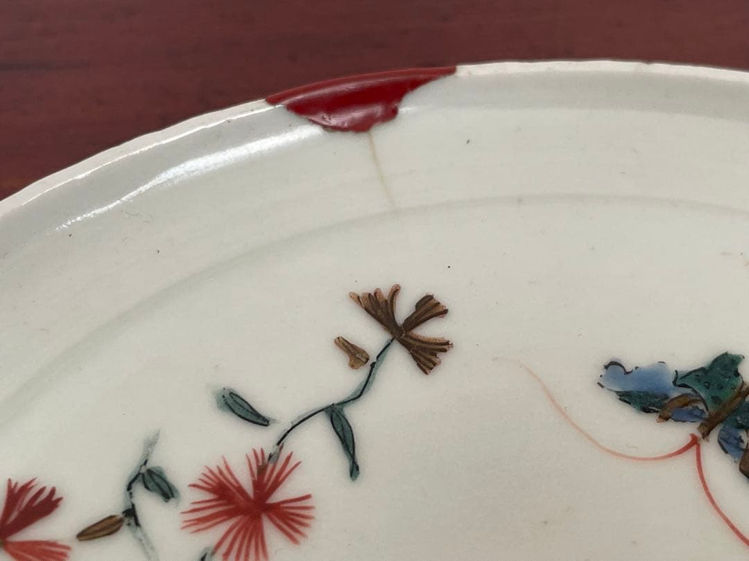 #2 骨董　アンティーク　色絵古九谷　撫子蝶々図　丸皿　五寸皿　角福　古九谷