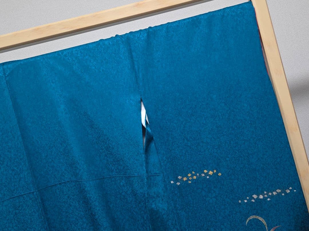 C5◆着物くつろぎ 桜に三日月模様 金銀彩 青緑 袷 正絹 成人式 振袖 着物