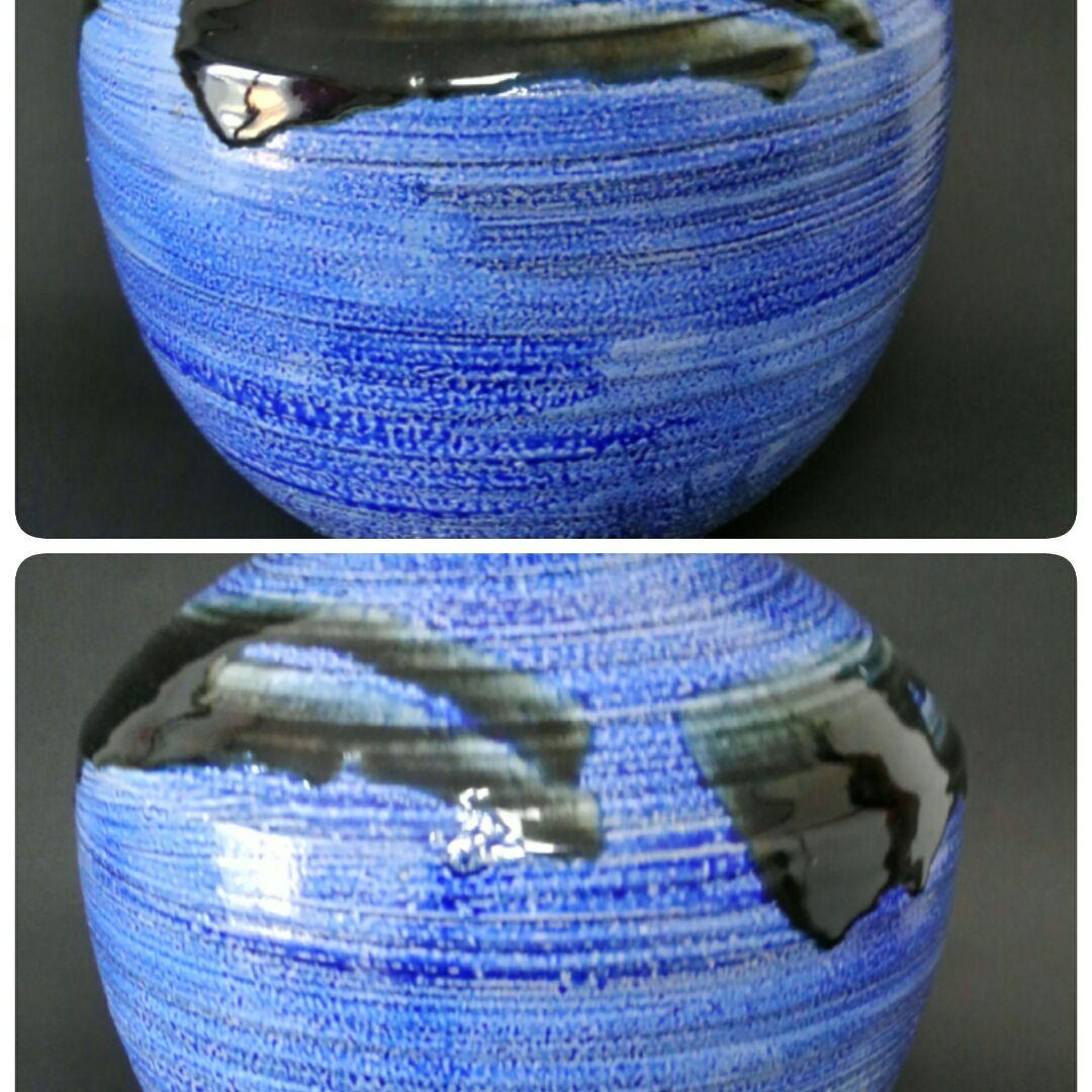 丸田正美作　黒牟田窯　塩釉　呉須流し文　大壺　花瓶　共箱　東急百貨店35万円