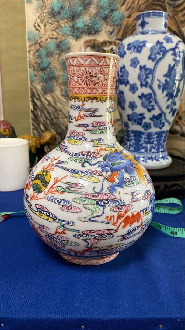 清朝　中國古美術　球形急須と多色瓶骨董品