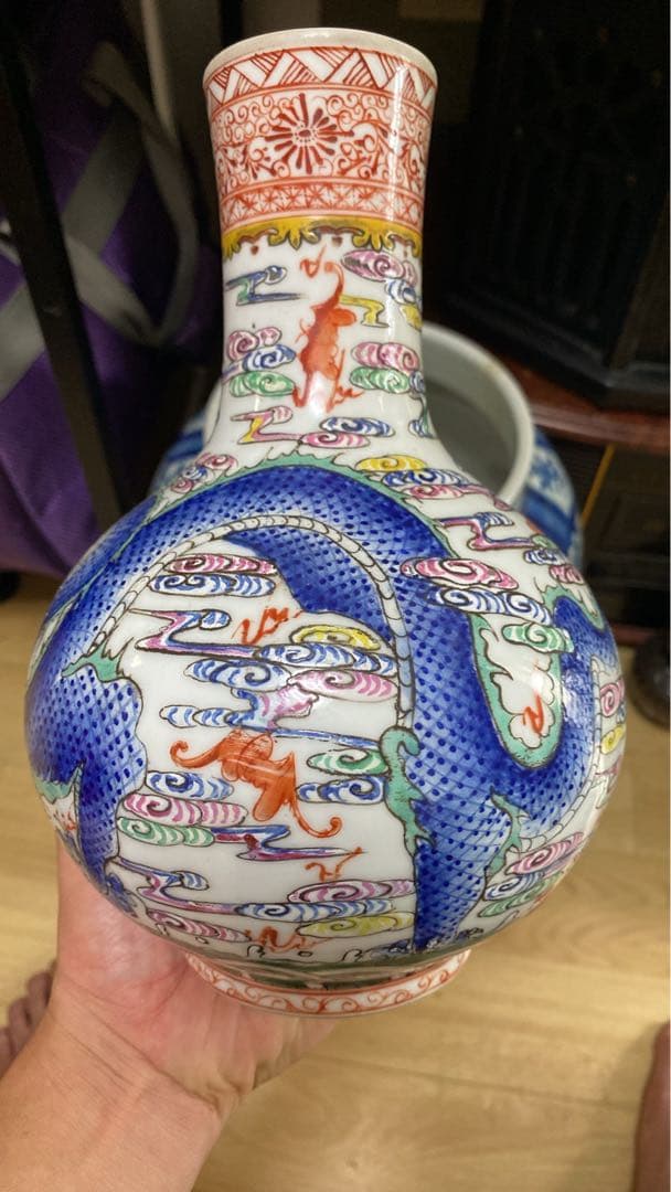 清朝　中國古美術　球形急須と多色瓶骨董品