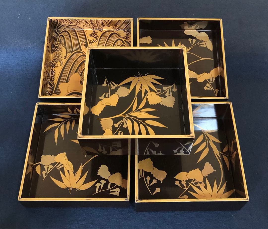 《レ》時代 内蒔絵 五段重 重箱 木製漆器 木箱　251117え2