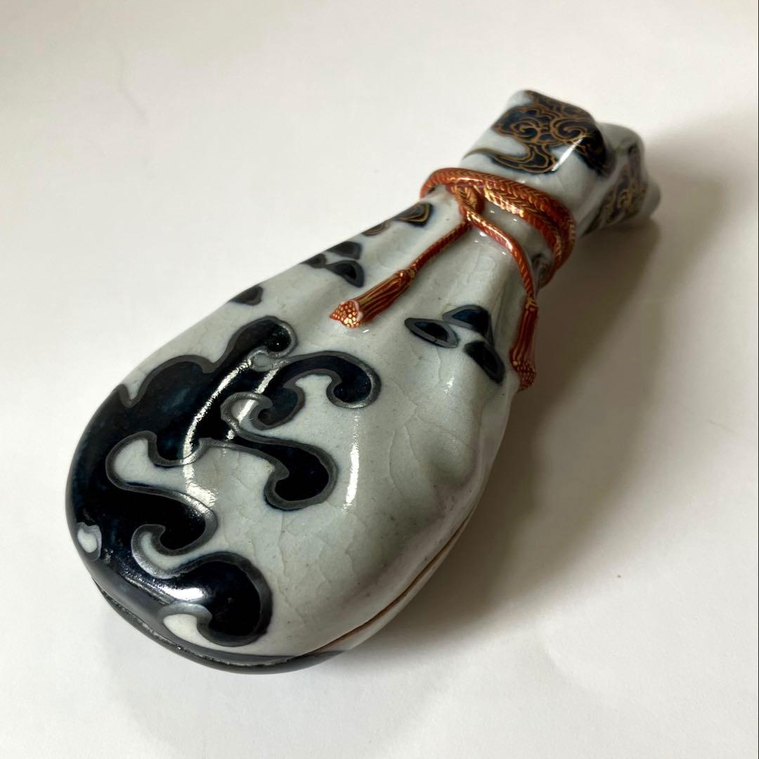 【茶道具】宮川香齋作 真葛焼 琵琶袋形香合 色絵金銀彩 真葛印 希少品