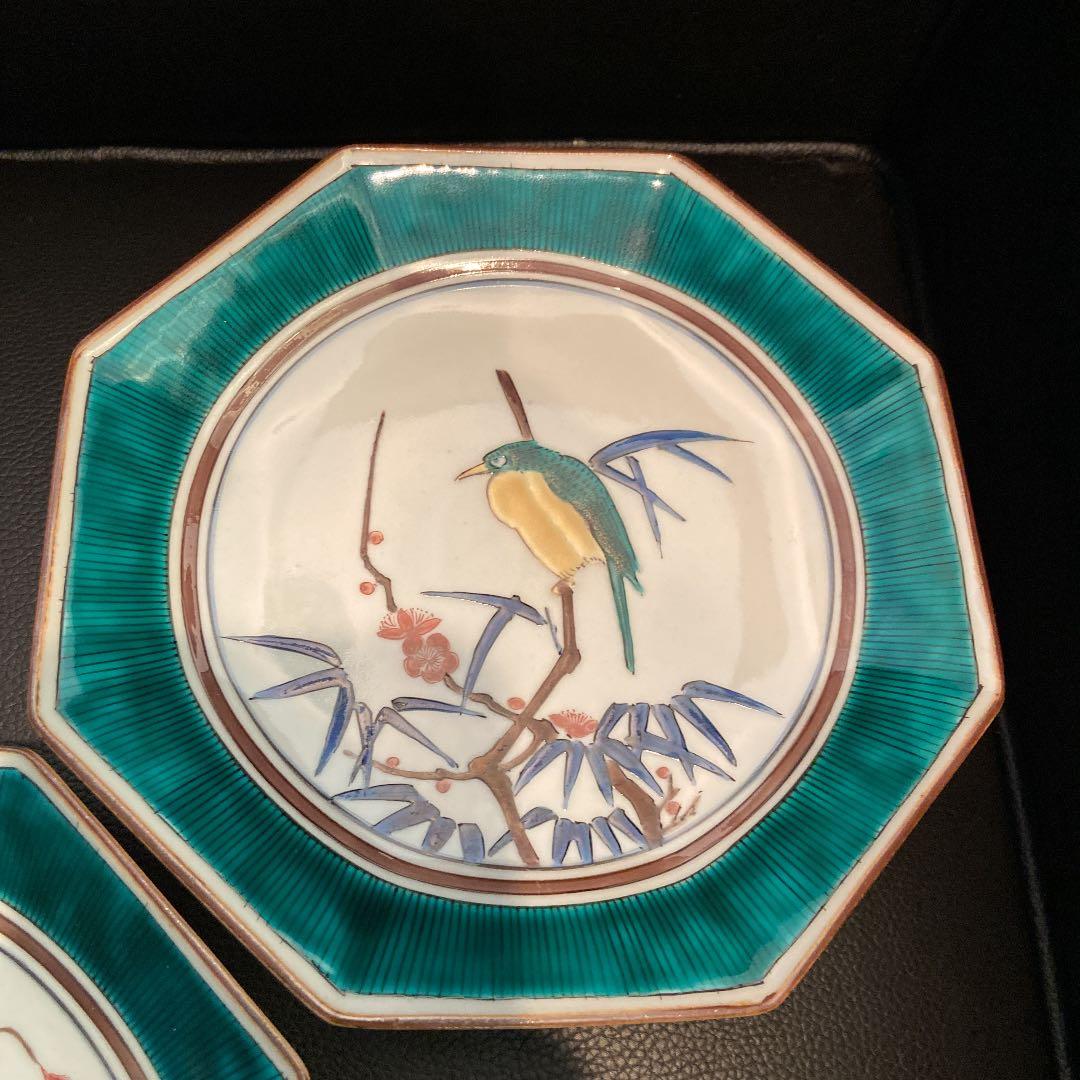 古九谷　花鳥銘々皿　共箱　八角　二重角福　陶光造　5枚揃