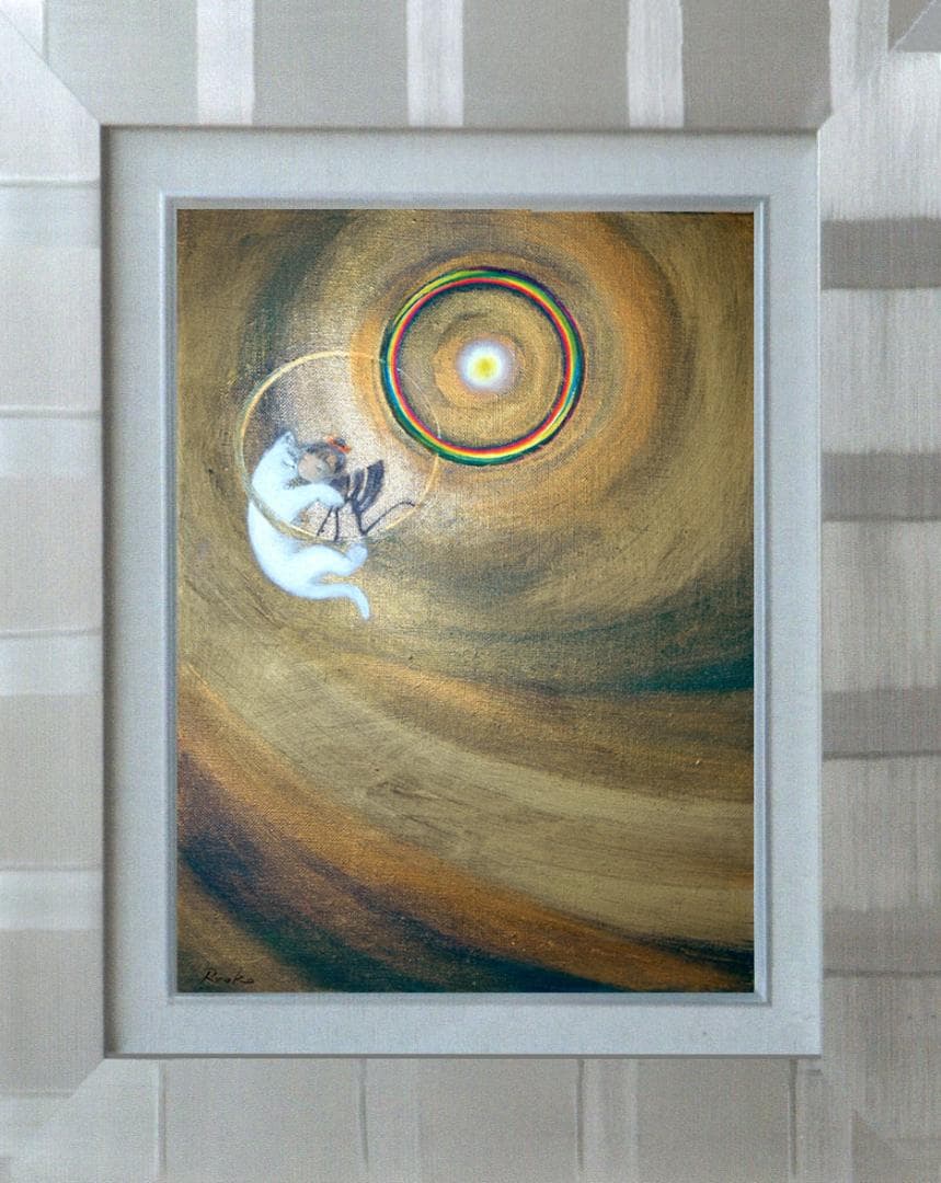 油絵 菅家令子 絵 絵画インテリア額付(黒) F4-030119 子猫子犬女の子